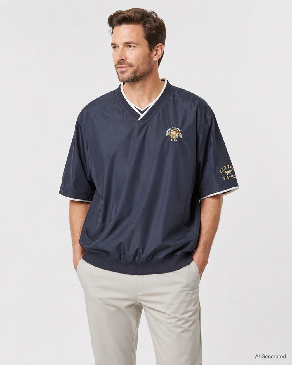 Cutter & Buck Mens L Navy Montaup Country Club 1923 Short Sleeve Wind Shirt Golf